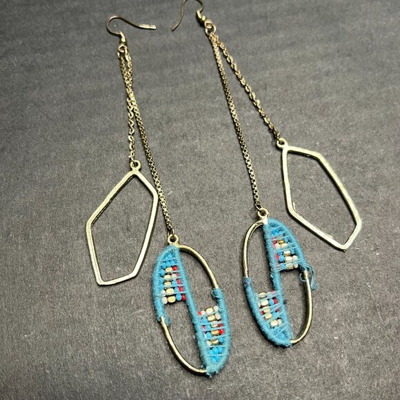 Embroidered Beaded Dangle Earrings Blue Gold Tone Long Statement Southwestern - Picture 3 of 8